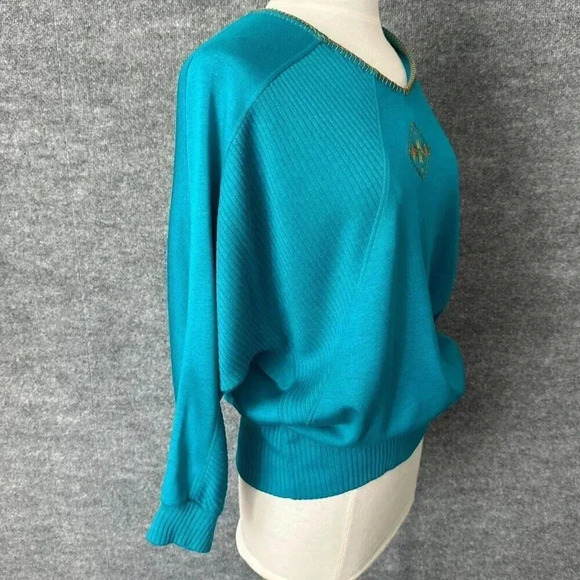 Vintage Southwest Top Womens S Turquoise Knit Embroidered Dolman Sleeve Shirt - Picture 2 of 15